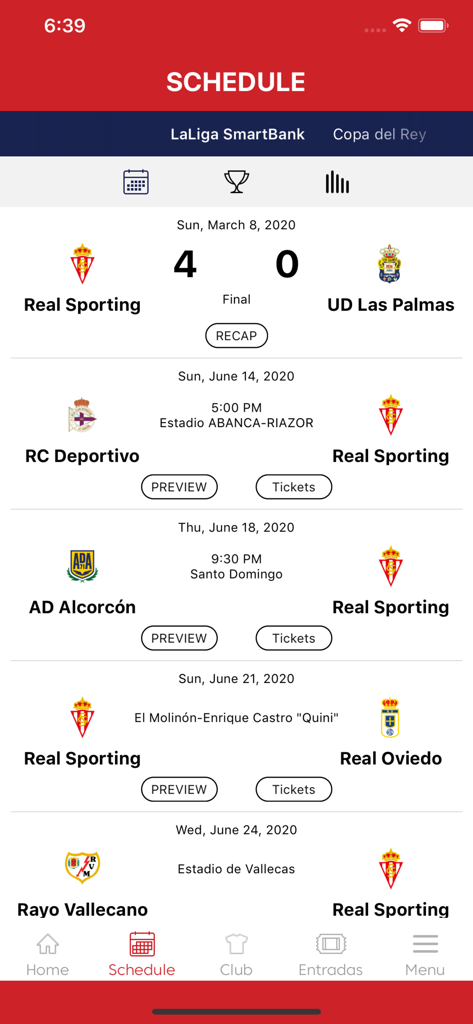 Real Sporting de Gijón App - The schedule screen of the Real Sporting de Gijon app showing match results and upcoming fixtures