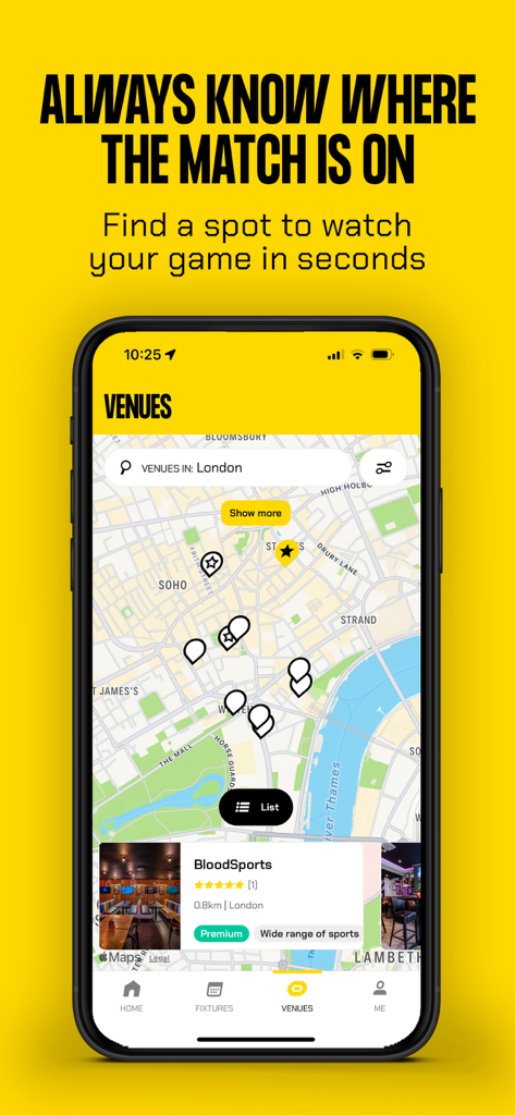 FANZO: Sports Bar Finder - FANZO app map interface showing locations of sports bars to watch live matches