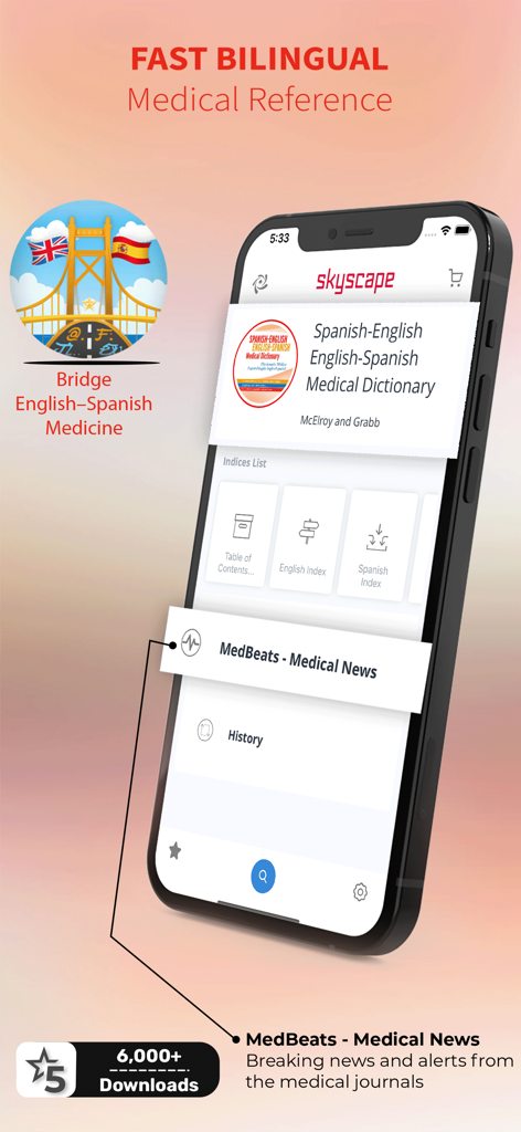 Spanish-English-Spanish Dict - Teléfono inteligente que muestra la interfaz de la aplicación Diccionario Médico Español-Inglés con índices bilingües y noticias médicas.