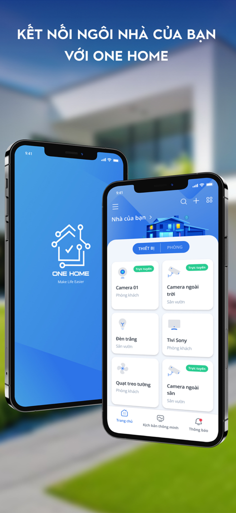 ONE Home - Smartphones mostrando la interfaz de la aplicación ONE Home con dispositivos inteligentes conectados, incluyendo cámaras de seguridad y electrodomésticos.