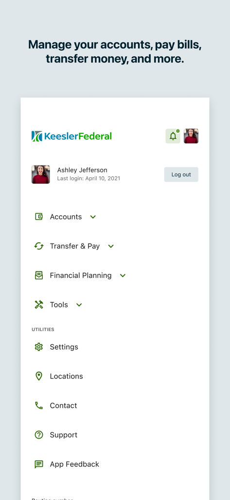 Keesler Federal Mobile Banking - Dashboard of the Keesler Federal Mobile Banking app showing account management options and utility tools