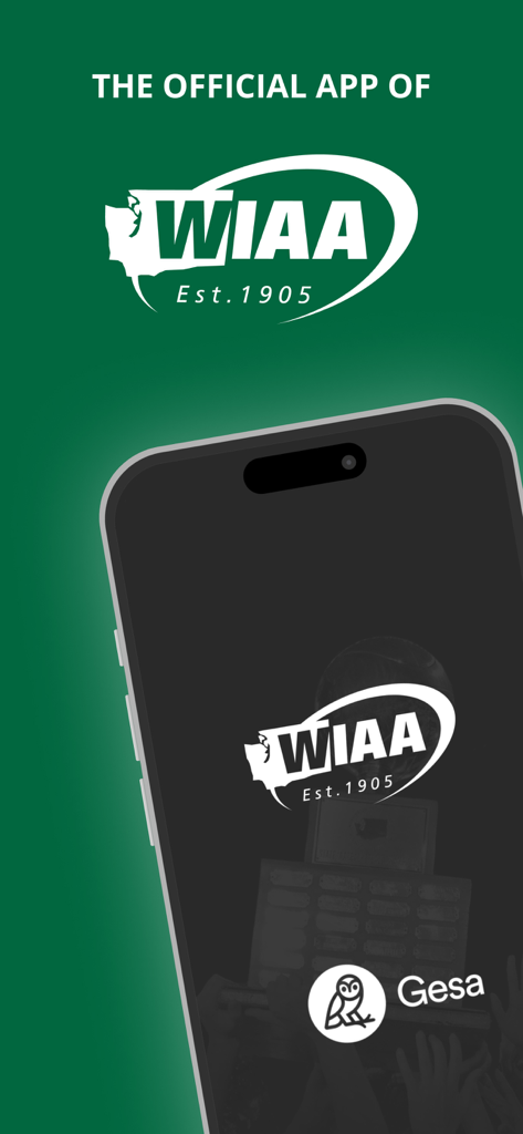 WIAA Live - 워싱턴 간 학교 활동 협회 로고가 특징인 공식 WIAA Live 앱 시작 화면.