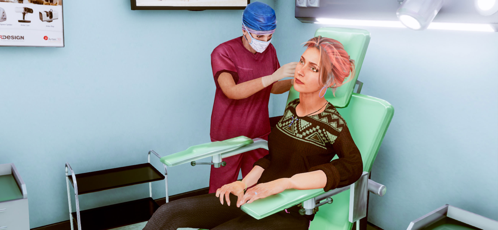 Doctor Mom Life Simulator - A medical doctor in red scrubs treating a patient in a clinical setting