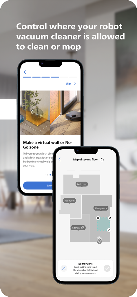 Philips HomeRun Robot App - Philips HomeRun Robot App interface showing floor mapping and virtual no-go zones for cleaning and mopping