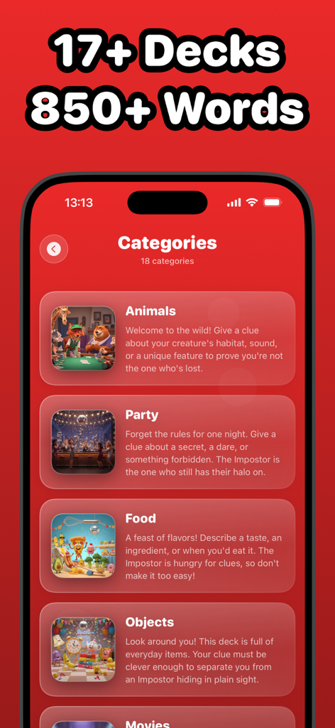 Faker: Who is Lying? Game - Interface do jogo Faker mostrando uma lista de categorias de palavras como Animais Festa e Comida com descrições