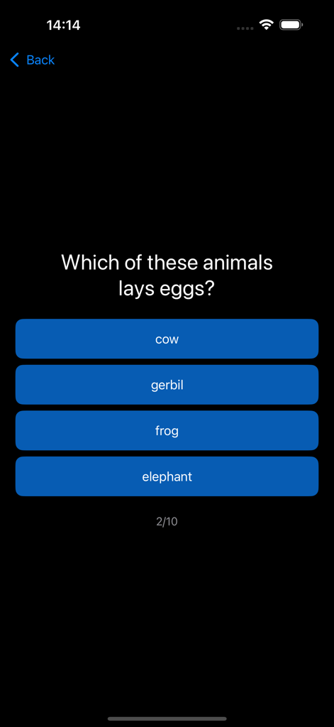 Fun Verse - A trivia quiz screen in the Fun Verse app asking which animal lays eggs with multiple choice answers.