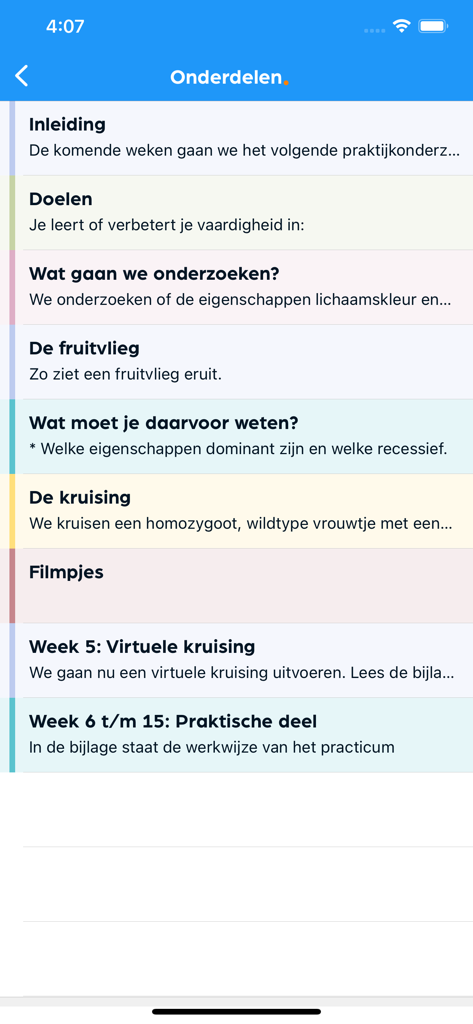 Mobile view of the Magister app displaying a list of course study guide modules and biology lesson components.