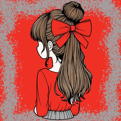 realistic girl  with hip length hair a bun and a big bow on the back of head
