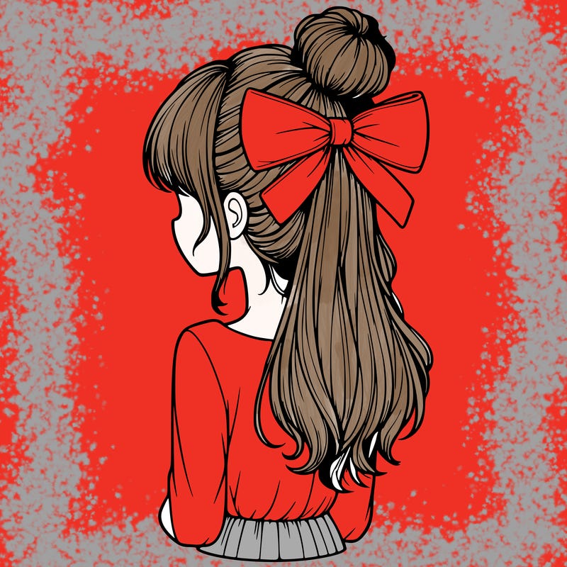 realistic girl  with hip length hair a bun and a big bow on the back of head
