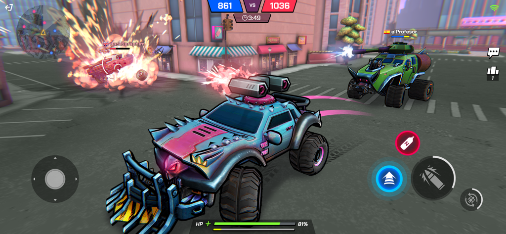 Battle Cars: Nitro PvP Shooter - Action-packed PvP car combat in a cyberpunk city with customized armored vehicles and explosions