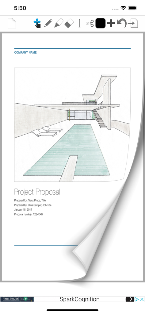 PDF Note Proアプリのインターフェース、プロジェクト提案書に建築スケッチとページめくりアニメーション効果が表示されている