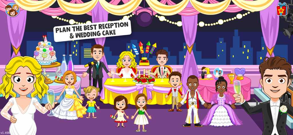 Um grupo de personagens comemorando em uma festa de recepção de casamento com um grande bolo e decorações festivas.