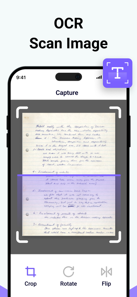 Image to Text - Scan & Convert - Mobile App-Oberfläche, die eine handschriftliche Notiz zur OCR-Textextraktion erfasst und scannt
