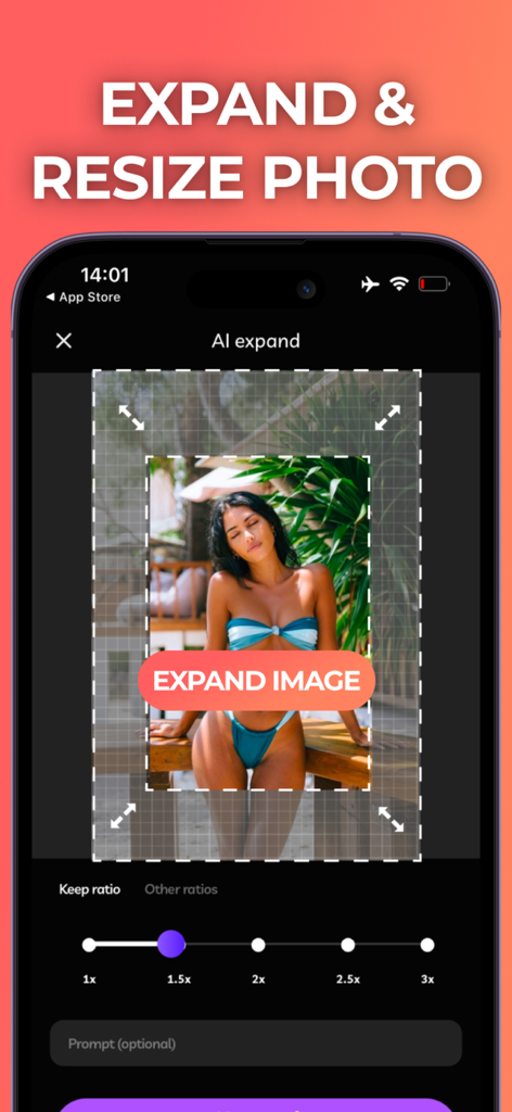 Interface of Pic plus app showing the AI expand and resize photo feature