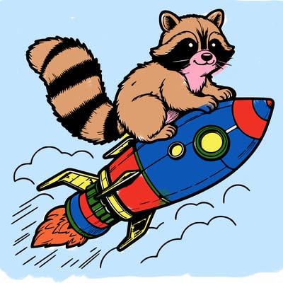 realistic raccoon flying on top rocket ship