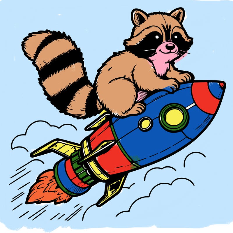 realistic raccoon flying on top rocket ship