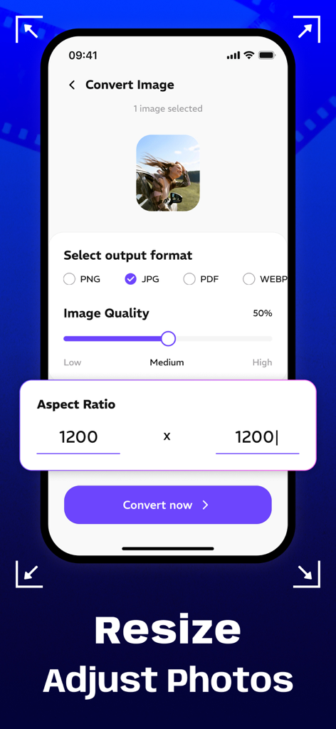 Image converter JPG, PNG, JPEG - Interface of the Image Converter app showing options to resize photos and adjust aspect ratio