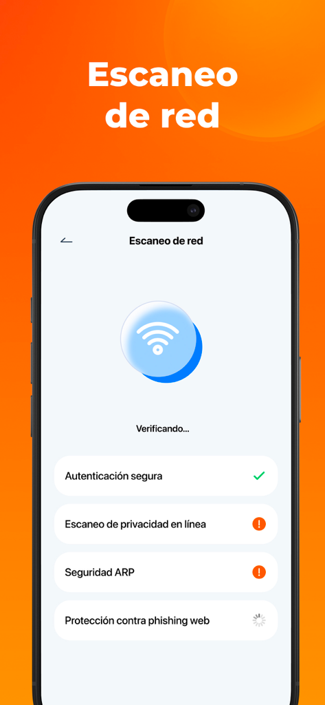 Speed Cleaner: AI Phone Clean - iPhone screen showing the network security scan feature of the Speed Cleaner app with Wi-Fi verification and privacy alerts.