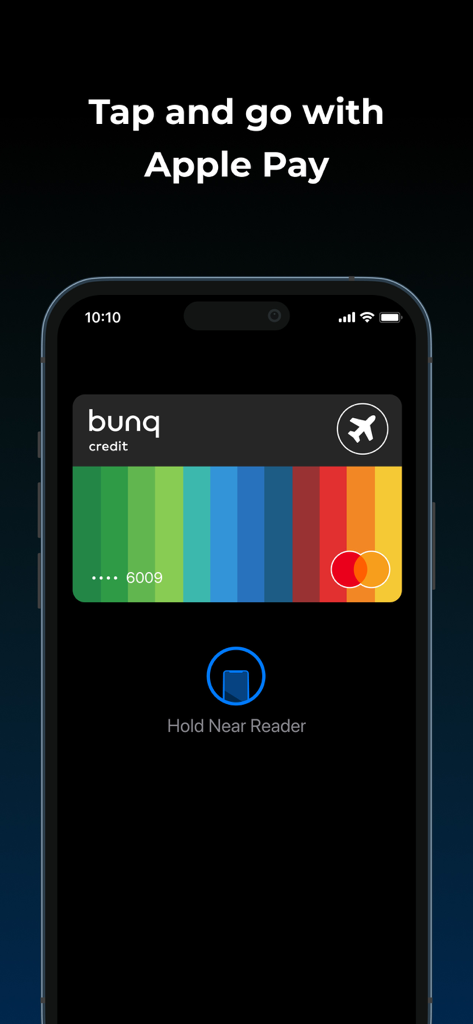 bunq - A bunq credit card displayed on an iPhone screen using Apple Pay for a contactless transaction.