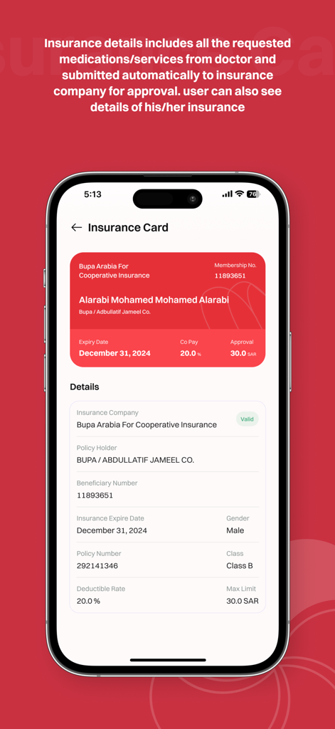 Abdul Latif Jameel Hospital - Pantalla de tarjeta de seguro de la aplicación del Hospital ALJ que muestra detalles de la póliza e información de cobertura.
