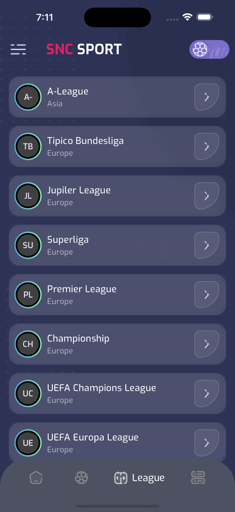 Mobile Ansicht der SNC Sport App, die verschiedene internationale Fußballligen auflistet.