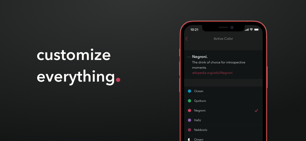 Minimal | Writing + Notes - Smartphone screen showing active color theme selection in the Minimal writing app alongside the text customize everything