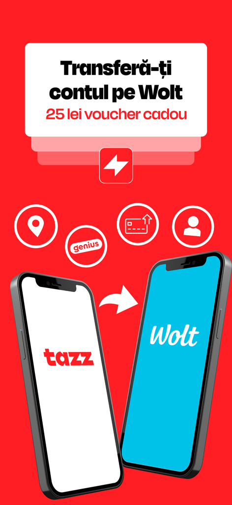 25레우 기프트 바우처 및 Genius 혜택 유지와 함께 Tazz 계정을 Wolt로 이전하는 것을 보여주는 프로모션