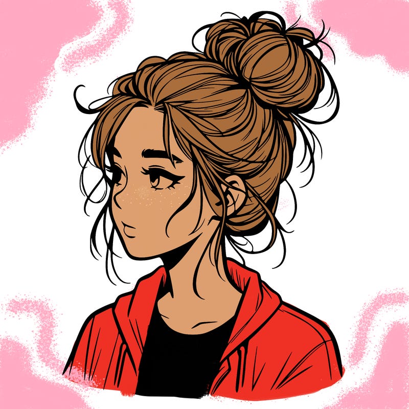 realistic teenage girl with a messy bun