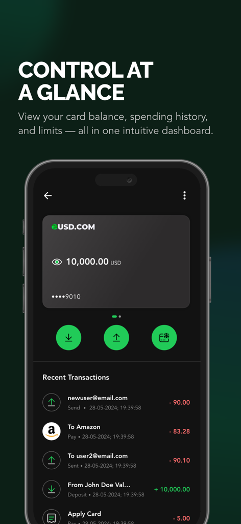 eUSD Card - Ein Smartphone-Bildschirm mit dem eUSD Card Dashboard, Guthaben und Liste der letzten Transaktionen