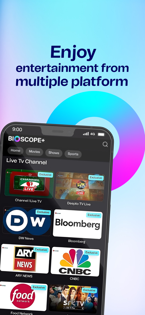 Bioscope+ - Bioscope+ app interface displaying a variety of live international news and entertainment TV channels