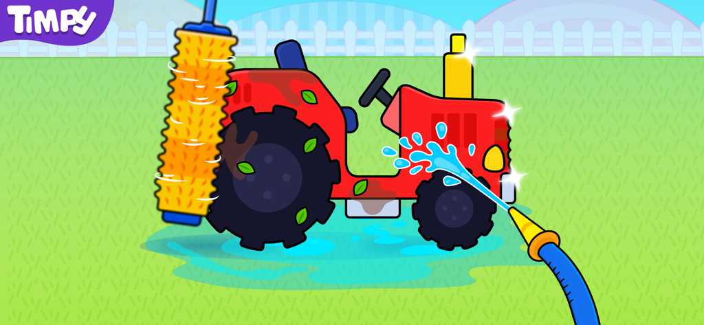 Barn & Farm Games For Kids - A red tractor being cleaned with a water hose and a yellow brush in a farm game for toddlers.