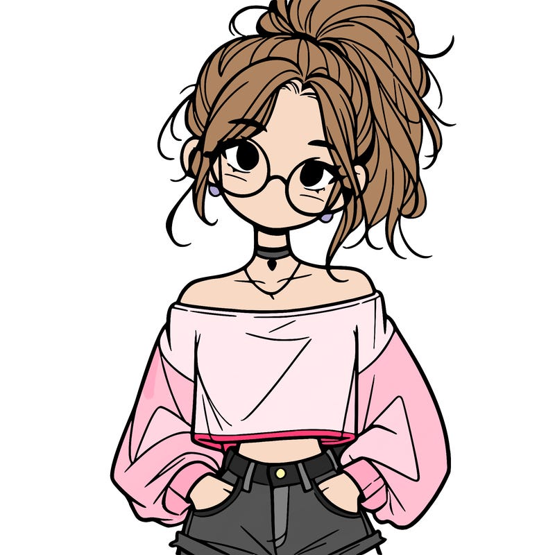 girl with a messy ponytail glasses a baggy crop top and jean shorts