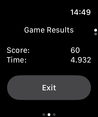 Wrist Stability - Pantalla de Apple Watch mostrando los resultados del juego Estabilidad de Muñeca con una puntuación de 60 y tiempo de finalización