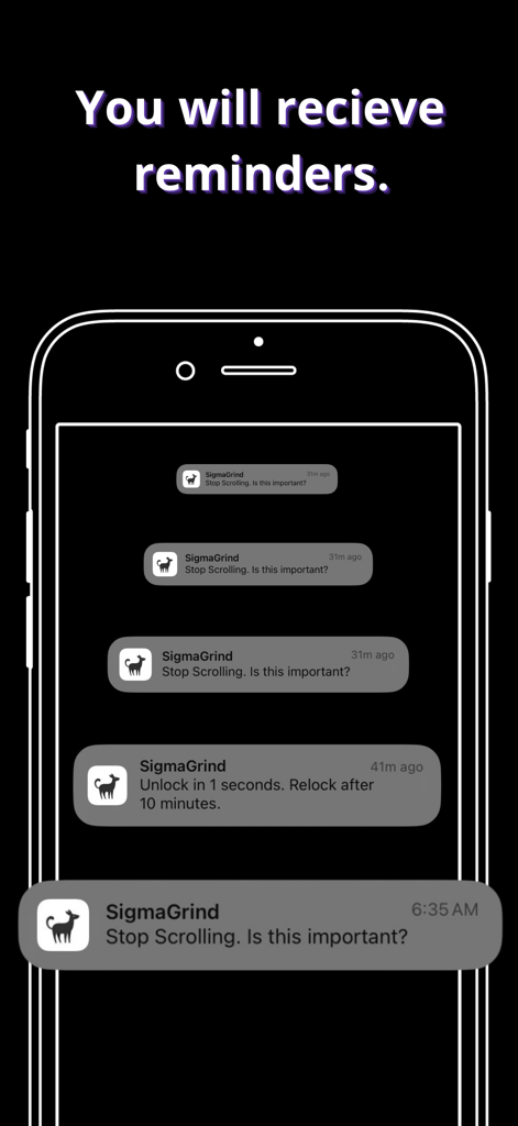 CloseReels: Reduce Scrolling - Pantalla de smartphone mostrando múltiples notificaciones de SigmaGrind preguntando al usuario que deje de scrollear.
