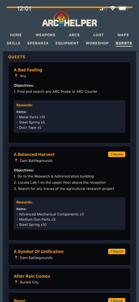 Arc Helper - Pantalla de guía de misiones de la aplicación Arc Helper que muestra objetivos de misión y recompensas