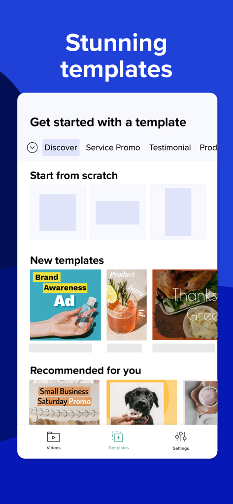 Écran de l'application Animoto affichant divers modèles vidéo professionnels pour le marketing des médias sociaux et les publicités de notoriété de marque.