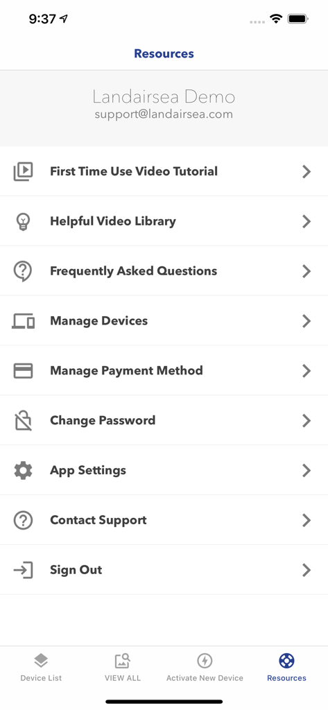 SilverCloud - Resources and settings menu of the SilverCloud GPS tracking app showing support options and account management.