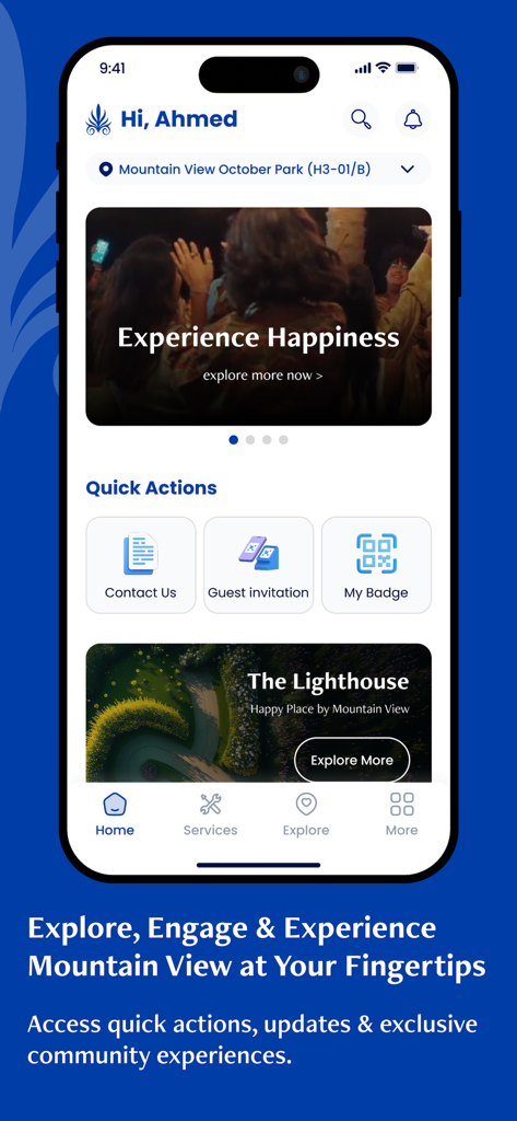 Mountain View Community - La schermata principale dell'app Mountain View Community che mostra accesso rapido agli inviti degli ospiti e ai servizi di lifestyle
