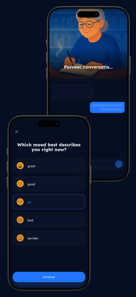 Calmora - Mindfulness - Calmora app screens for selecting current mood and starting a personalized AI conversation.