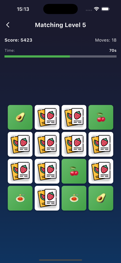 Multi Game Hub - Memory matching game interface in Multi Game Hub featuring food emoji cards