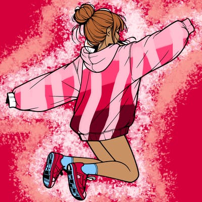 realistic girl jumping with a bun and oversized sweatshirt