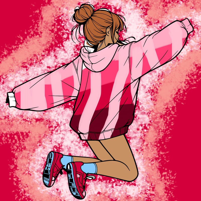 realistic girl jumping with a bun and oversized sweatshirt