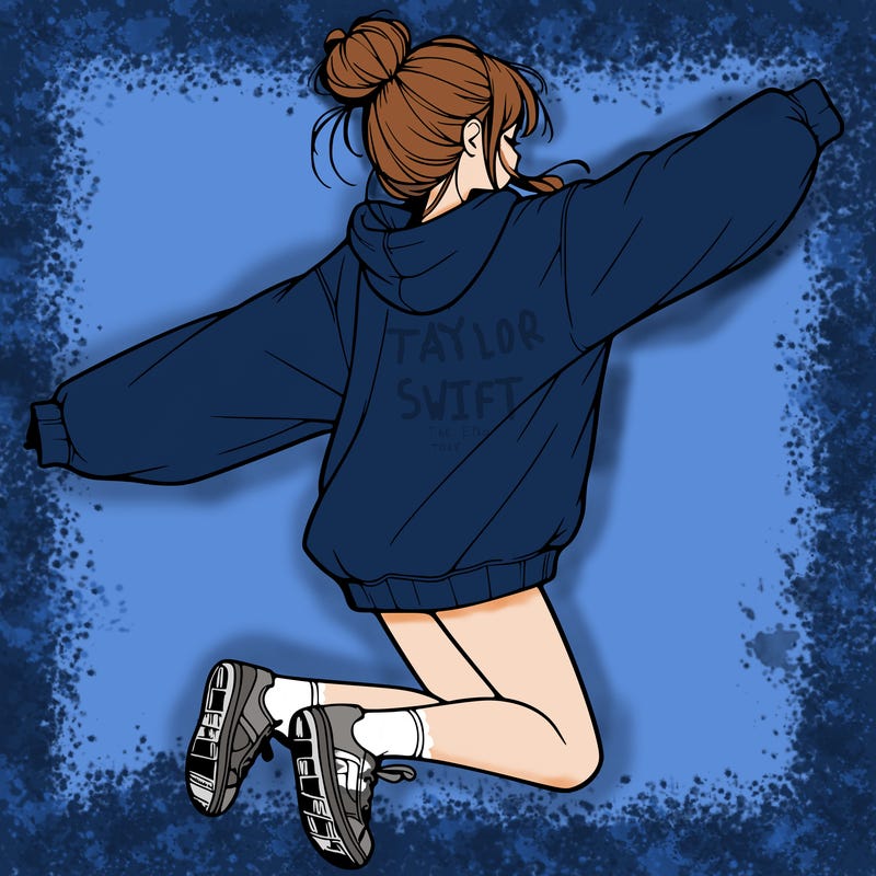 realistic girl jumping with a bun and oversized sweatshirt