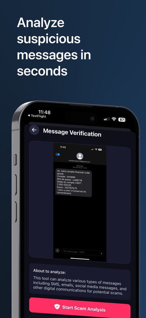 의심스러운 문자 메시지를 분석하기 위한 Scam Scanner 앱 인터페이스를 보여주는 스마트폰
