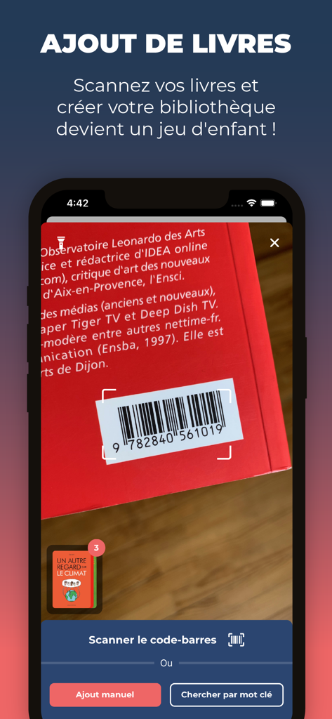 MyBlio app scanning a book barcode to add it to a digital library collection