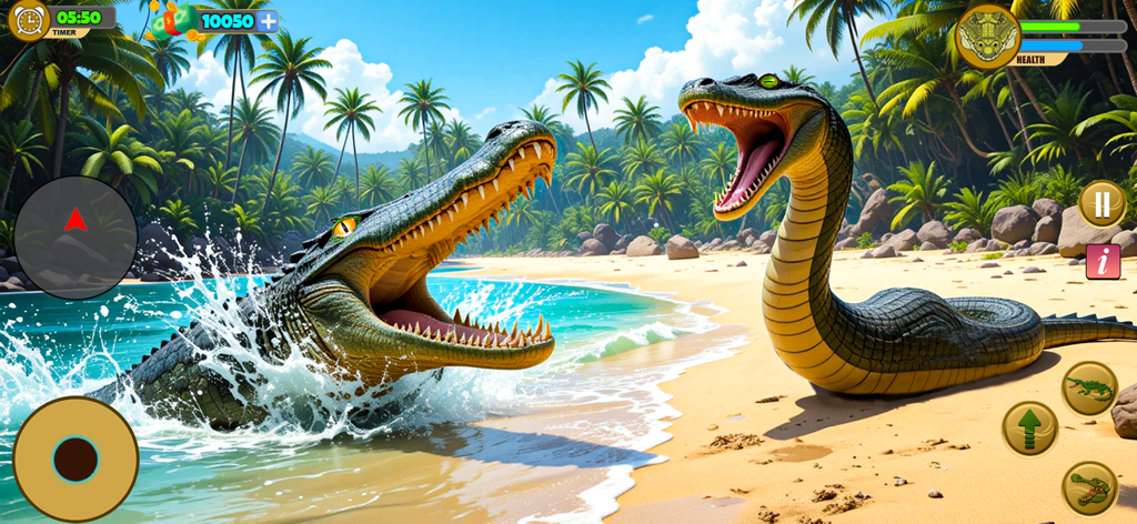 Crocodile Attack Wild Sim Game - Un cocodrilo salta del océano para luchar contra una serpiente gigante en una playa tropical en el juego Crocodile Attack Wild Sim