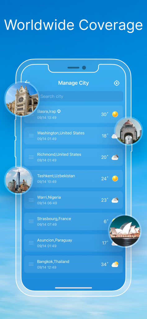 Weather Live & Local Forecast - Lista de previsão meteorológica global mostrando temperaturas e horários locais para várias cidades internacionais