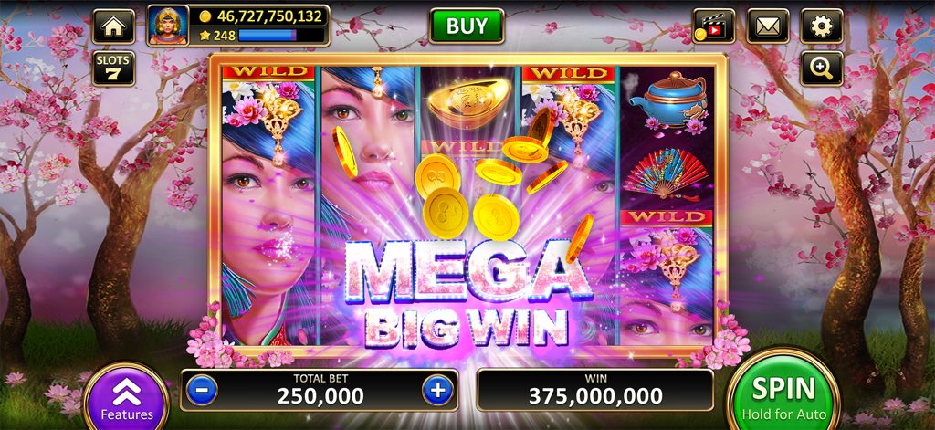 A mega big win animation on an Asian-themed slot machine featuring cherry blossoms and golden coins.