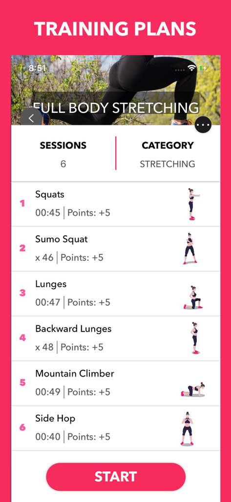 Easy Home Workout Women NO GYM - Mobile app interface showing a list of full body stretching exercises with animations and a start button