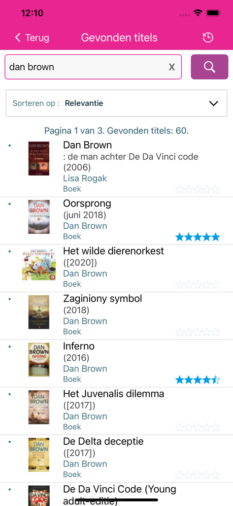 Rozet Bibliotheek - List of Dan Brown books in the Rozet Bibliotheek search results screen